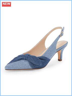 Womens Denim Slingback Pumps Closed Pointed Toe Kitten Heels Dress Sandals